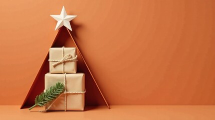 Wall Mural - Minimalist Festive Arrangement Two Presents Under a Star atop a Triangle Shaped Frame Against a Warm Background