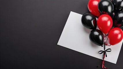 Wall Mural - Festive balloons in black and red near a blank card on a dark background