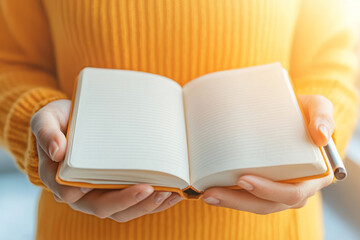 Fototapete - A detailed close-up of hands holding a journal and pen, symbolizing journaling as a therapeutic practice for self-reflection,