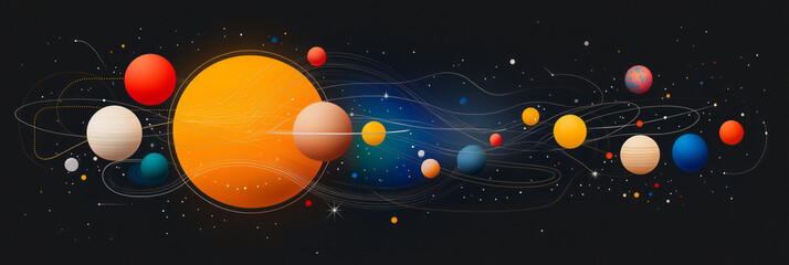 Poster - A detailed illustration of the solar system with planets orbiting the sun, highlighting gravitational forces and orbital paths with dynamic lines,