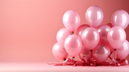 Wall Mural - A high-definition shot of pastel-colored balloons on a pink background, creating a festive birthday party atmosphere with plenty of copy space.