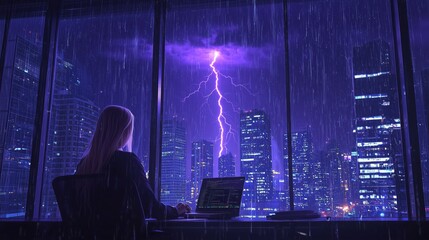 a person works at a laptop amidst a rainy cityscape.
