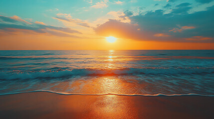 Wall Mural - Beautiful sunrise over calm ocean waves at the beach