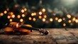 © Freshpixel - An elegant, shimmering violin displayed on a rustic wooden table, surrounded by soft bokeh lights, capturing the essence of musical beauty and craftsmanship in a serene setting.