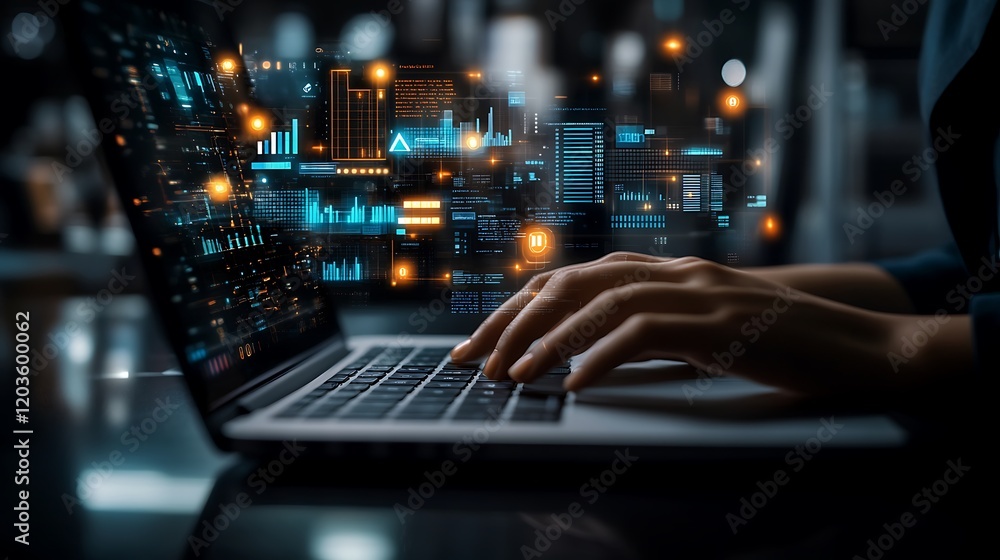 Hands typing on laptop with digital data overlay.