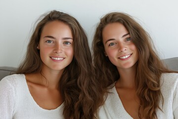 Poster - Two women with long brown hair are sitting on a couch and smiling. They are wearing white shirts and seem to be enjoying each other's company