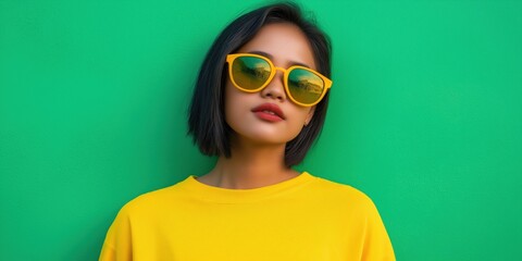 Poster - A woman wearing yellow sunglasses and a yellow shirt. She is standing in front of a green wall