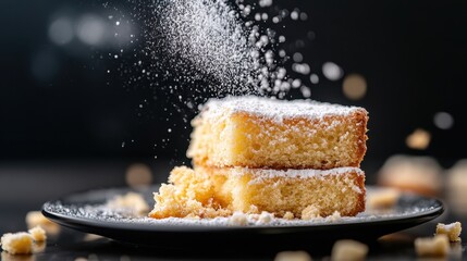 A beautifully layered cake with sugar dust and crumbled pieces creates a visual treat that highlights its delicious appeal and texture, perfect for Instagram-worthy moments.