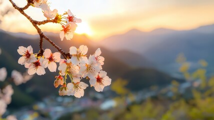 Canvas Print - Beautiful Cherry Blossom Flowers at Sunset in Mountains with Scenic View and Gentle Light Reflections