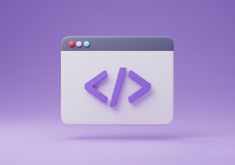 A modern 3D illustration of a browser window with purple coding brackets