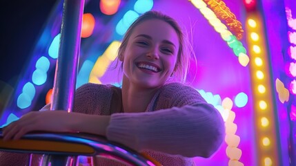 Wall Mural - A woman is smiling and leaning on a carousel