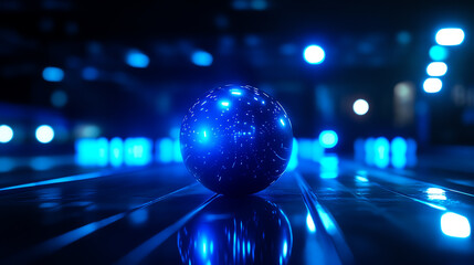 Wall Mural - a glowing blue sphere reflects vibrant lights, creating a futuristic ambiance in a digital environme