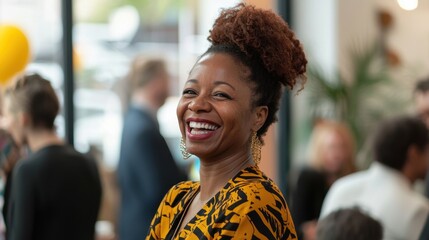 Wall Mural - A woman with a big smile on her face is wearing a yellow and black dress