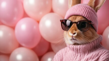 A stylish rabbit dons fashionable sunglasses and a knitted beanie, posed elegantly against a backdrop of pink balloons that adds a vibrant and lively touch to the image.