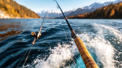 Dynamic scene showcasing fishing rods on a boat, capturing the thrill of fishing adventures with friends against a backdrop of picturesque mountains.