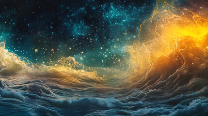 abstract waves of glowing particles cinematic view in a cosmic ocean landscape.