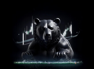Aufkleber - A powerful black bear statue, symbolizing the stock market, sits majestically against a dark background illuminated by dynamic candlestick chart patterns.  The image evokes concepts of market trends a