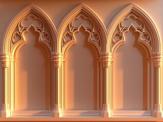 Wall Mural - Three Gothic Architectural Arches Illuminated by Warm Light