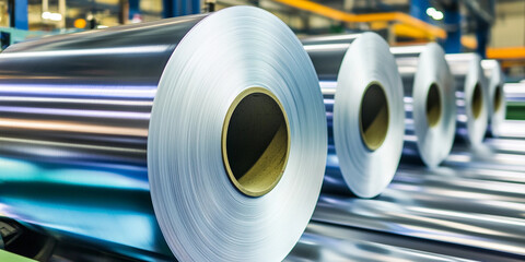 Aufkleber - Rolls of shiny aluminum foil in a manufacturing facility