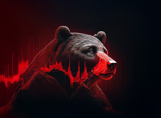 Aufkleber - A digital rendering of a bear's head, overlaid with a red, dynamic graph suggesting market volatility.  The dark background enhances the dramatic effect.
