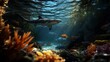 © nuryadin - Underwater Scene Featuring Sharks, an Orange Fish, and Coral Reefs in a Clear Ocean