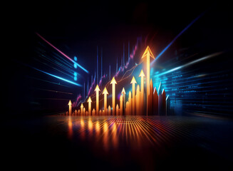 Poster - Glowing arrows ascend a dynamic graph, symbolizing growth and progress against a dark, futuristic backdrop.  The scene is vibrant, energetic, and reflects success.