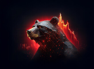 Aufkleber - A stylized black bear, rendered in a geometric, low-poly style, glows with red light against a dark background featuring financial chart data.  The image suggests market trends and financial instabili