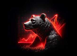 Poster - A stylized stone bear, illuminated by red neon, sits amidst a backdrop of financial charts depicting a market downturn.  The image symbolizes bearish market trends and economic decline.