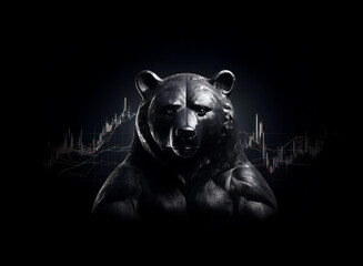 Aufkleber - A powerful, dark-colored bear statue dominates the foreground against a backdrop of subtle candlestick charts, symbolizing financial markets and bearish trends.