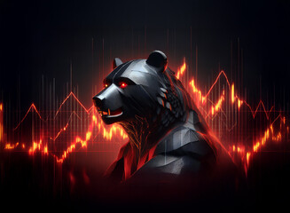 Aufkleber - A metallic bear, glowing red eyes, dominates the frame against a backdrop of fiery red stock market charts, symbolizing a bearish market trend.