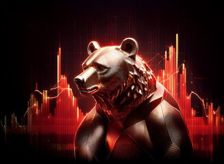 Aufkleber - A bronze bear statue, gleaming intensely, stands against a backdrop of fiery red stock market charts.  The image evokes feelings of financial markets, power, and potential downturn.