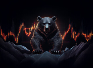 Aufkleber - A powerful black bear sits majestically amidst dark, rocky terrain, overlooking a fiery orange and yellow stock market chart reflecting bearish market trends.