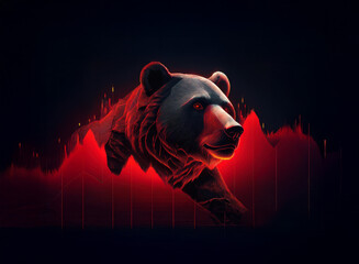 Poster - A powerful bear, rendered in dark tones, emerges from a vibrant red stock market graph, symbolizing a bearish market trend.  The image conveys financial downturn and market volatility.