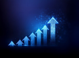 Poster - Ascending blue glowing arrows on dark background depict growth, progress, and digital advancement.  Sparkles enhance the futuristic feel.