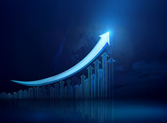 Poster - A large, upward-curving arrow soars above smaller arrows, set against a dark blue, globe-like background, symbolizing global growth and progress.