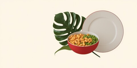 Poster - Red bowl of soybeans and peas with a leaf and plate