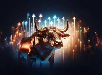 Aufkleber - A bronze bull statue stands majestically, backlit by vibrant, upward-pointing arrows, symbolizing financial growth and prosperity.  The dark background emphasizes the bull's strength and the positive 