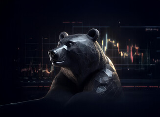 Aufkleber - A polygonal bear sits against a backdrop of vibrant stock market charts, symbolizing bearish market trends.  The dark, moody atmosphere enhances the sense of financial uncertainty.