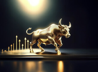 Poster - A golden bull statue charges forward,  its powerful stance symbolizing financial growth,  illuminated against a dark background with upward-trending arrows.