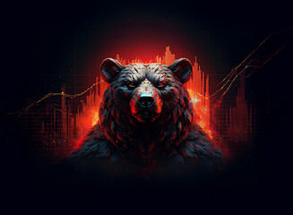 Aufkleber - A fierce black bear, rendered in dark metallic tones, dominates the foreground. Behind it, a fiery red graph suggests market volatility and decline, creating a powerful visual metaphor.