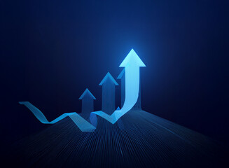 Leinwandbilder - Glowing blue arrows ascend, symbolizing growth and overcoming initial challenges.  A wave-like line represents initial setbacks before the upward trajectory.