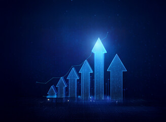 Poster - Glowing blue arrows ascend on a dark background, symbolizing growth and progress in a digital landscape.  The upward trajectory represents success and advancement.