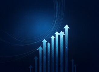 Fototapete - Abstract image depicting upward-trending glowing arrows on a dark blue background with concentric circles.  Represents growth, progress, and success.