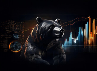 Aufkleber - A powerful black bear statue sits majestically against a backdrop of dynamic stock market charts and city lights, symbolizing market trends.