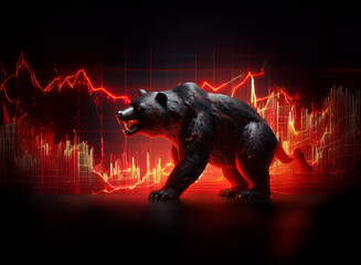 Poster - A menacing black bear stands against a backdrop of fiery red stock market graphs, symbolizing a bearish market downturn.