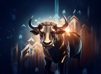 Poster - A powerful metallic bull charges forward, symbolizing financial growth and upward trends.  Golden arrows ascend behind it, creating a dynamic image of market prosperity.