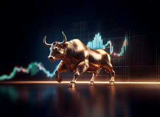 Aufkleber - A powerful golden bull statue charges forward against a backdrop of dynamic stock market charts, symbolizing financial growth and market strength.