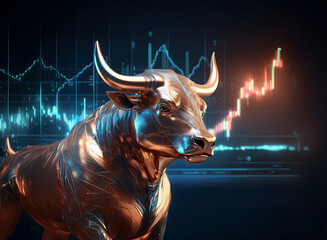 Aufkleber - A bronze bull statue stands majestically against a backdrop of dynamic stock market charts, symbolizing financial growth and strength.