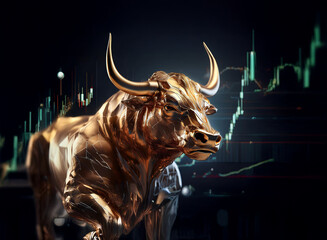 Aufkleber - A majestic golden bull statue stands against a backdrop of dynamic stock market graphs, symbolizing financial strength and upward trends.
