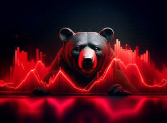 Aufkleber - A powerful black bear dominates the foreground, its imposing presence set against a backdrop of a vibrant red, downward-trending stock market graph, symbolizing a bearish market trend.
